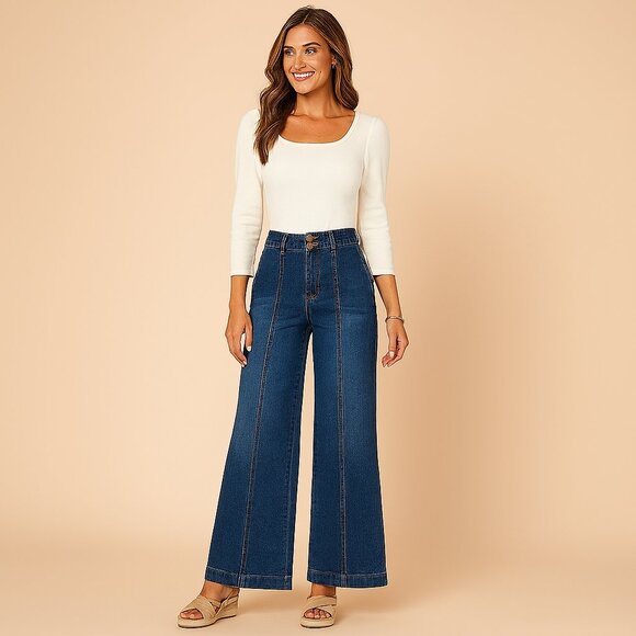 Democracy Skyrise Ab Solution Wide Leg High Rise Jeans Center Front Seam Sz 14 - Picture 1 of 10